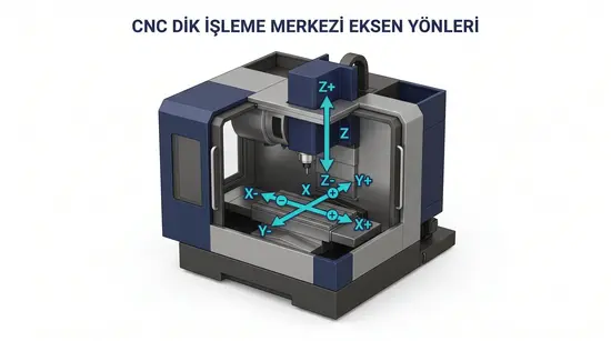 CNC dik işleme merkezi X, Y, Z eksen yönleri