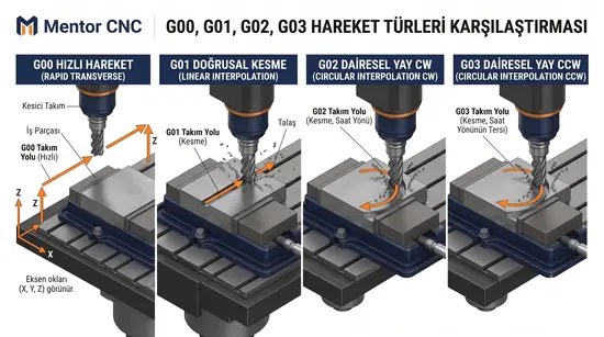 G00, G01, G02 ve G03 hareket türleri karşılaştırması