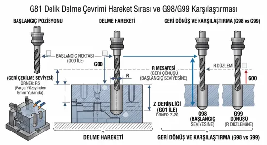 G81 delik delme çevrimi hareket sırası ve G98/G99 karşılaştırması