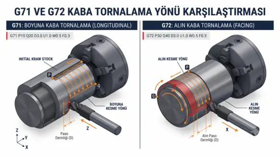 G71 boyuna ve G72 alın kaba tornalama yönü karşılaştırması