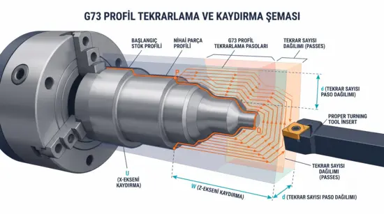 G73 profil tekrarlama ve kaydırma miktarı şeması