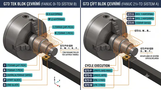 G73 tek blok çevrimi (FANUC 0i-TD) ve çift blok çevrimi (FANUC 21i-TD) karşılaştırması