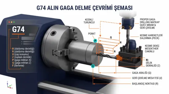 G74 alın gaga delme çevrimi şeması