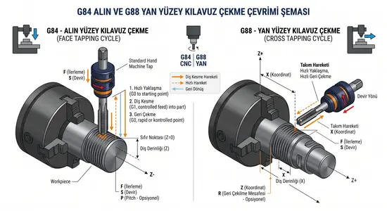 G84 alın ve G88 yan yüzey kılavuz çekme çevrimi şeması