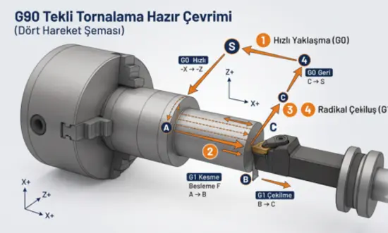 G90 tekli tornalama hazır çevrimi dört hareket şeması