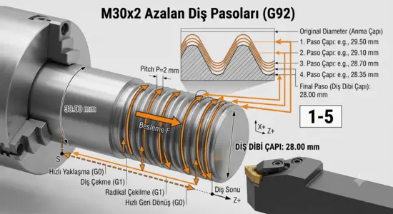 M30x2 vidada G92 ile azalan diş pasoları şeması