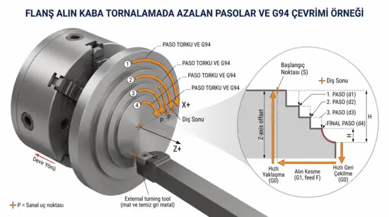 Flanş alın kaba tornalamada azalan pasolar ve G94 çevrimi örneği