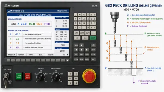 Mitsubishi M70 G83 gaga delik delme çevrimi ekranı ve parametre şeması