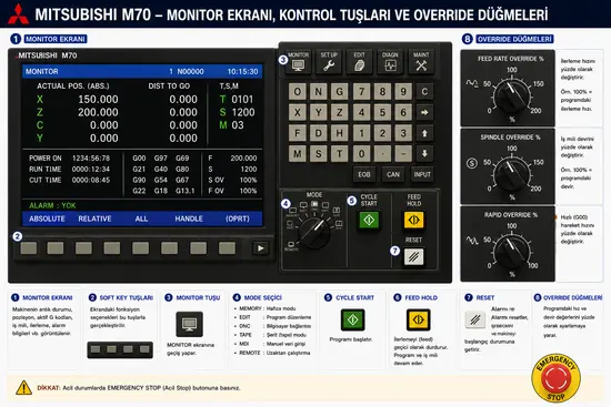 Mitsubishi M70 monitor ekranı, kontrol tuşları ve override düğmeleri