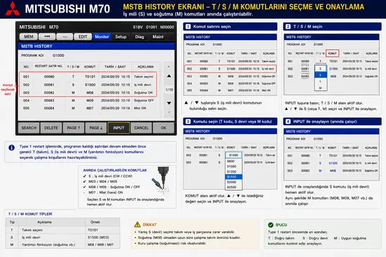 Mitsubishi M70 MTSB history ekranı ve program restart tuşları