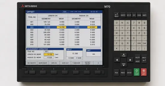 Mitsubishi M70 takım offset ekranı: Tip 1 ve Tip 2 telafi girişleri