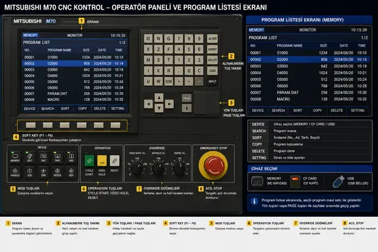 Mitsubishi M70 CNC kontrol operatör paneli ve program listesi ekranı