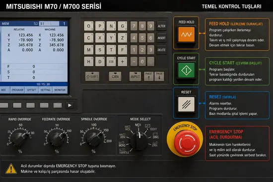 Mitsubishi M70/M700 operatör paneli: temel kontrol tuşları, feed hold, cycle start ve acil stop
