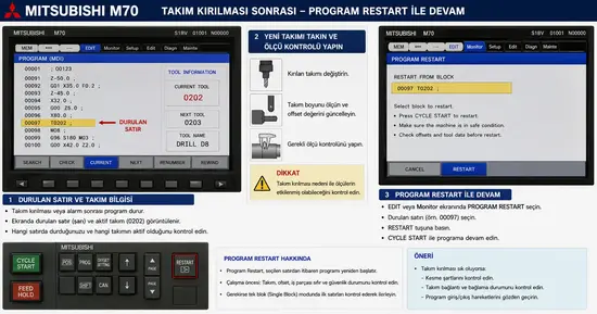 Mitsubishi M70 takım kırılması sonrası program restart ile devam etme adımları