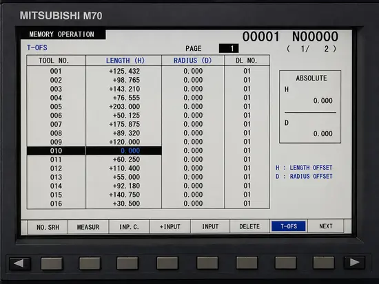 Mitsubishi M70 tool offset ekranı: takım boyu (length) ve wear değerleri