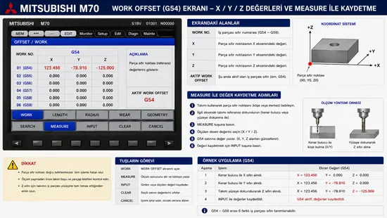 Mitsubishi M70 work offset (G54) ekranı: X, Y, Z değerleri ve measure ile kaydetme