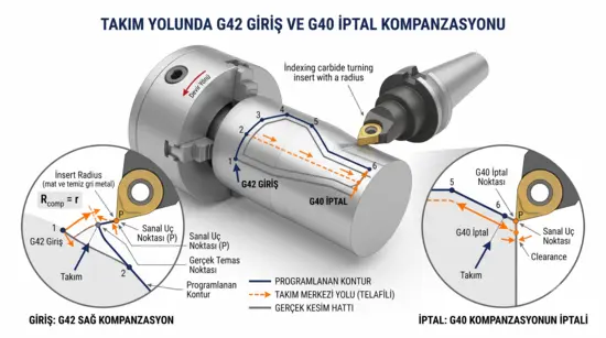 Takım yolunda G42 giriş ve G40 iptal kompanzasyonu şeması