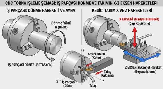 CNC torna işleme şeması: iş parçasının dönme hareketi ve kesici takımın X–Z eksen hareketleri