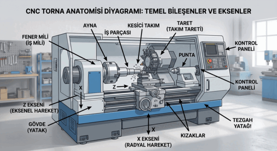 CNC torna anatomi diyagramı: temel bileşenler ve eksenler