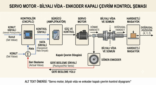 Servo motor, bilyalı vida ve enkoder ile kapalı çevrim kontrol şeması