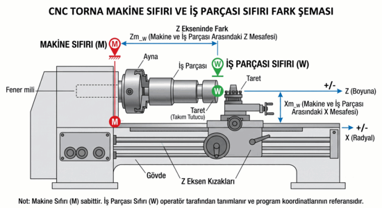 CNC torna makine sıfırı ve iş parçası sıfırı fark şeması