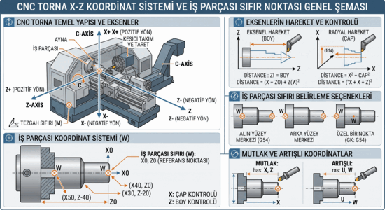 CNC torna X–Z koordinat sistemi ve iş parçası sıfır noktası genel şeması