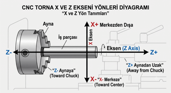 CNC torna X ve Z ekseni yönleri diyagramı