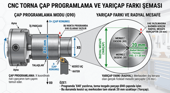 CNC torna çap programlama ve yarıçap farkı şeması