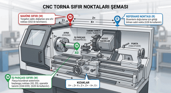 CNC torna sıfır noktaları şeması: makine sıfırı, iş parçası sıfırı ve referans noktası