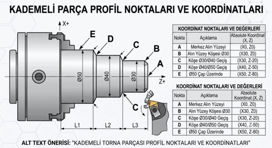 Kademeli parça profil noktaları ve koordinatları tablosu