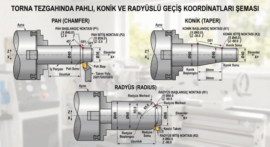 Torna tezgâhında pah, konik ve radyüslü geçiş koordinatları şeması