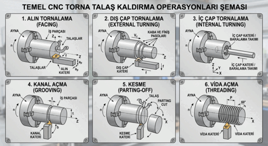 Temel CNC torna talaş kaldırma operasyonları: alın, dış çap, iç çap tornalama, kanal açma, kesme ve vida açma