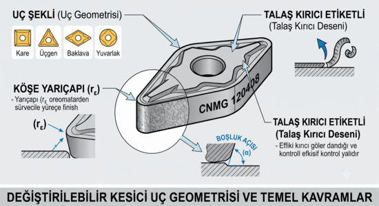 Değiştirilebilir kesici uç geometrisi ve temel kavramlar: uç şekli, köşe yarıçapı ve talaş kırıcı