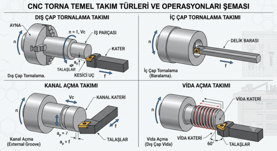 CNC torna temel takım türleri ve operasyonları şeması
