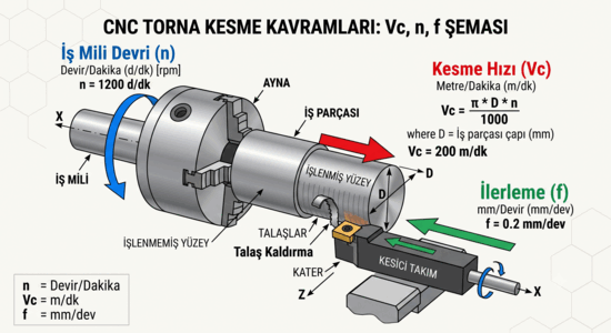 CNC torna kesme kavramları: iş mili devri n, kesme hızı Vc ve ilerleme f şeması