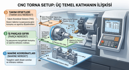 CNC torna setup: takım ofsetleri, iş parçası sıfırı ve makine koordinatları arasındaki ilişki