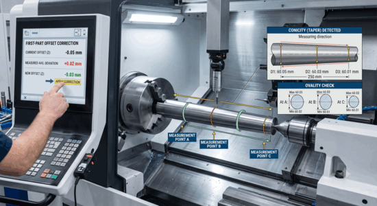 CNC torna operatörü kontrol panelinde ölçüm sonucuna göre ofset düzeltmesi yapıyor