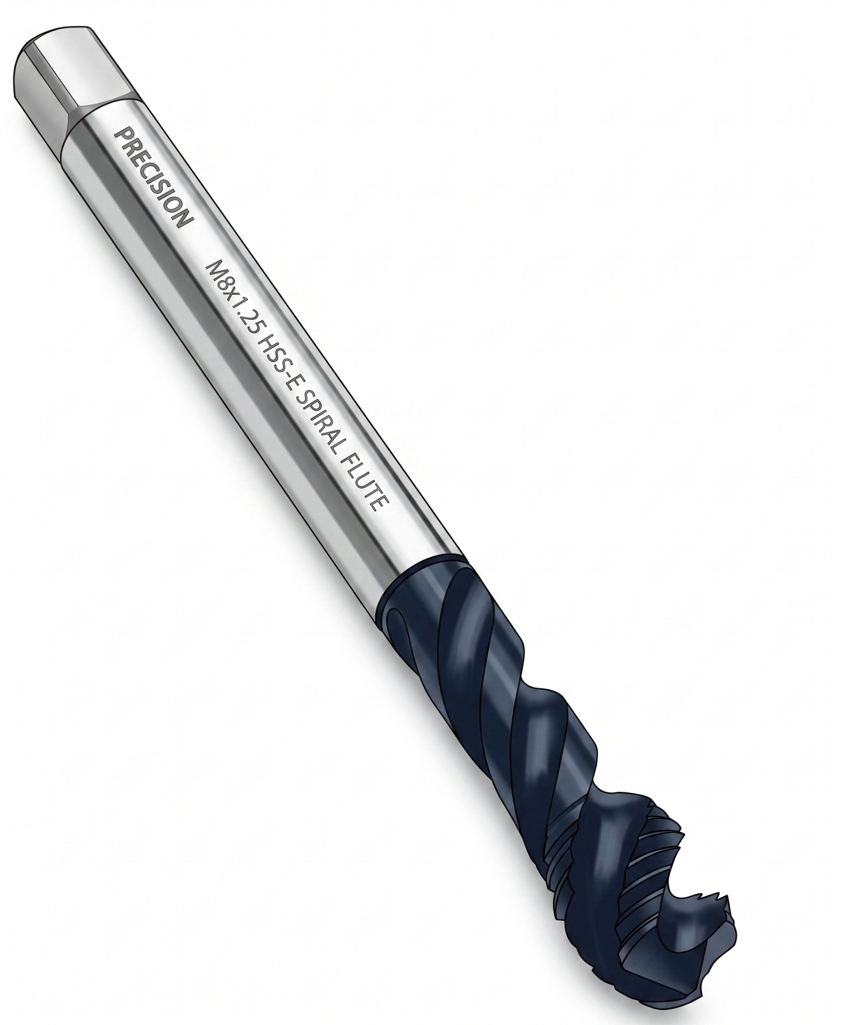Spiral flute tap — pulls the chip up toward the hole entrance; for blind holes.