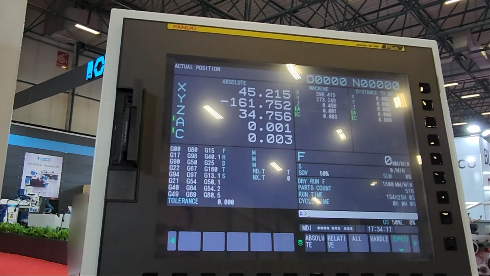 FANUC control position screen showing X, Y, Z, A and C axis values
